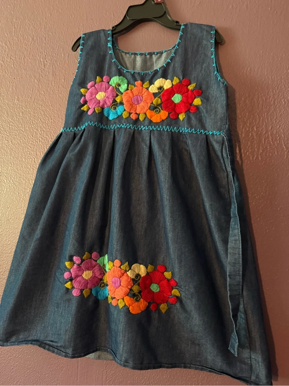 Girls Denim-Look Embroidered Floral Dress - Blue